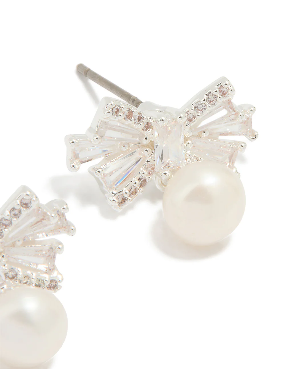 Silver Plated Pearl & Cubic Zirconia Bow Baguette Drop Earrings - Image 3