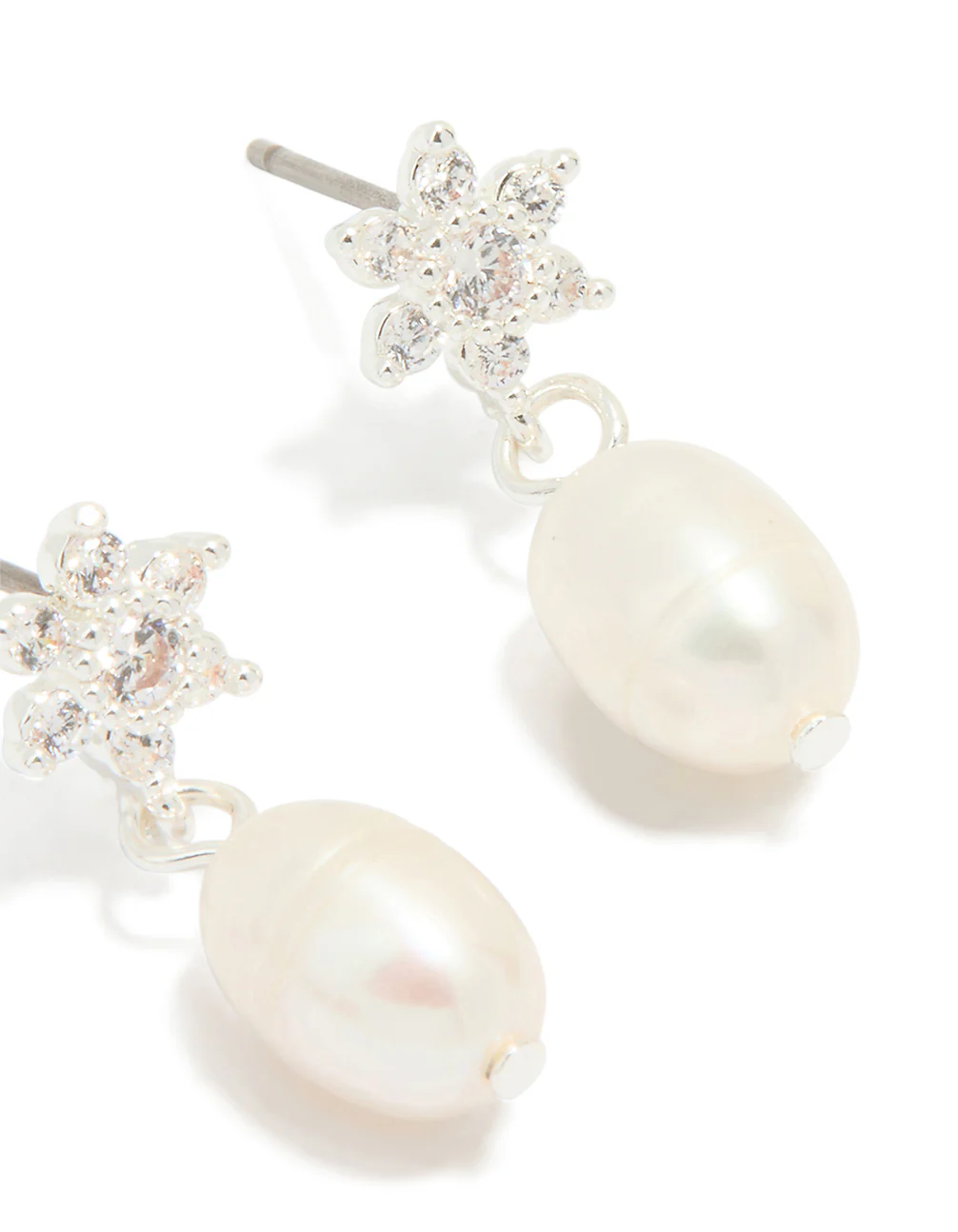 Silver Plated Pearl Cubic Zirconia Flower Drop Earrings - Image 3