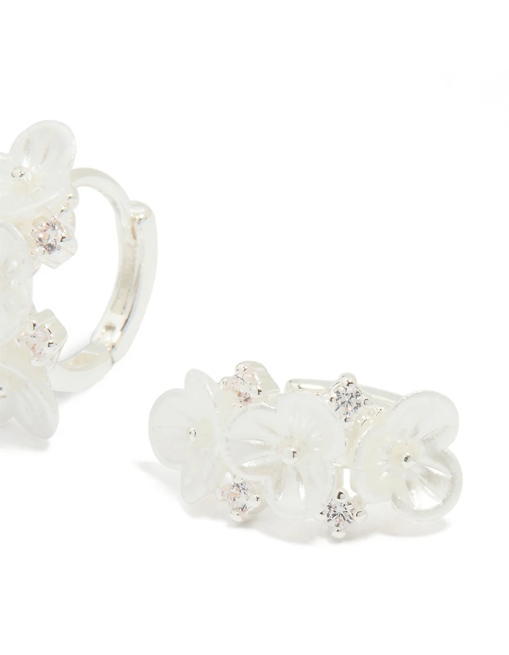 Silver Plated Pearlised Cubic Zirconia Flower Hoop Earrings - Image 3