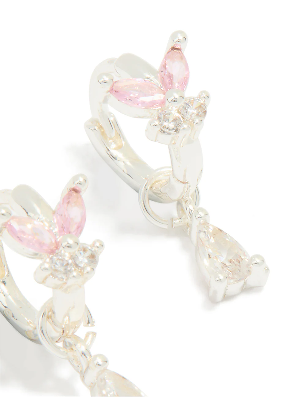 Silver Plated Pink Cubic Zirconia Butterfly Drop Huggie Earrings - Image 3