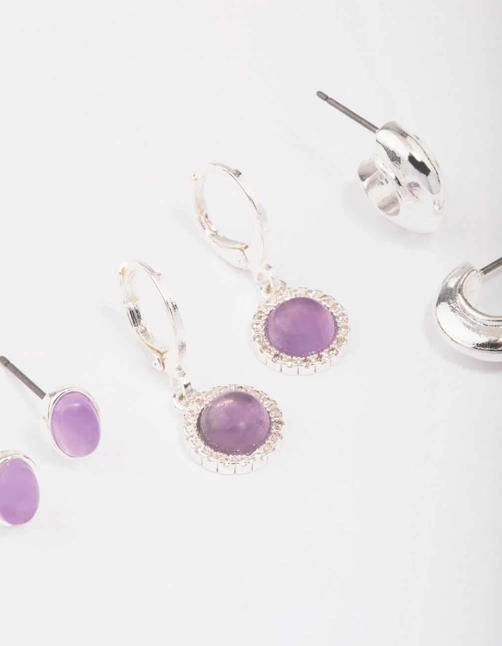 Silver Plated Round Amethyst Earring 3-Pack - Image 3