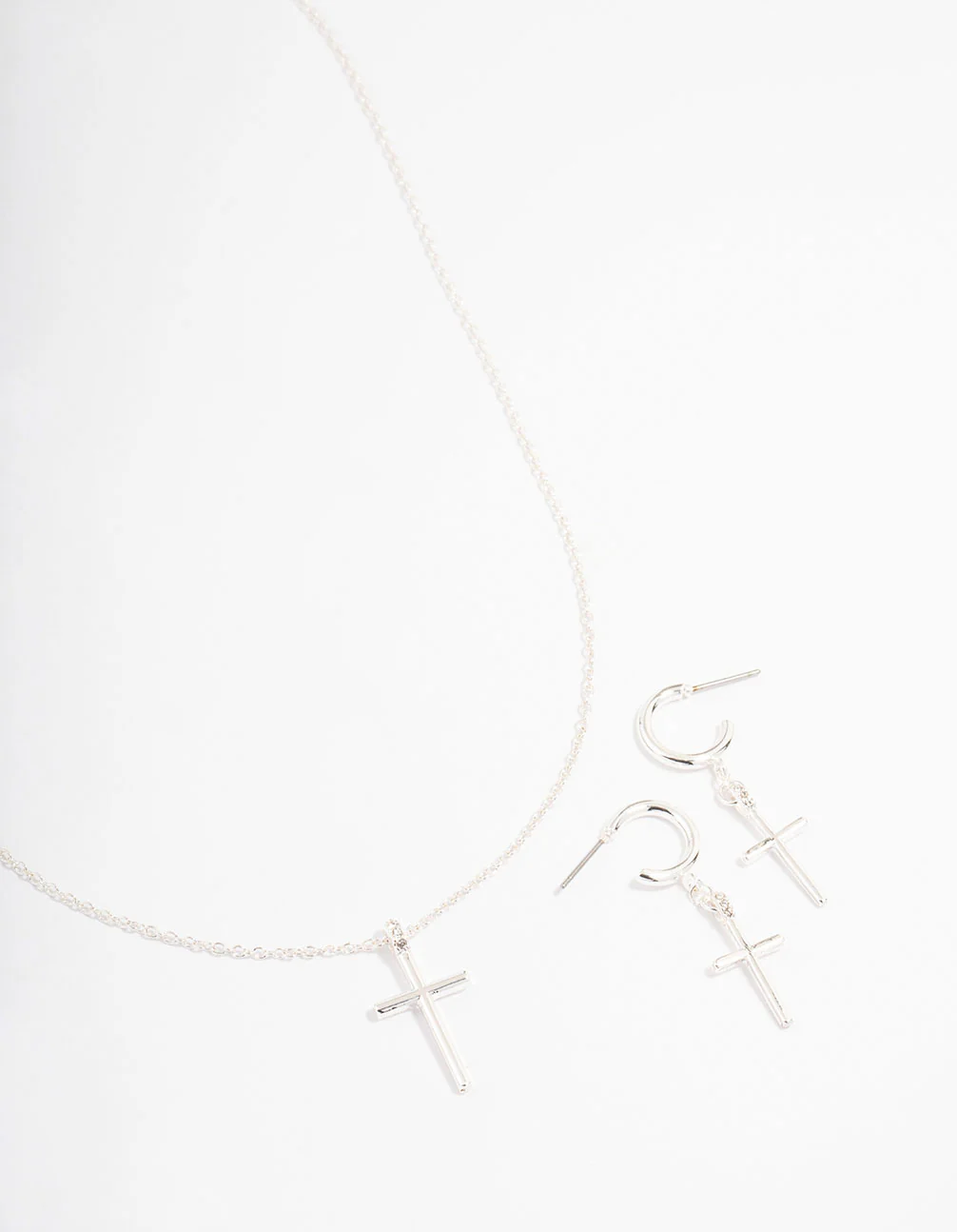 Silver Plated Sleek Cross Necklace & Earring Jewellery Set