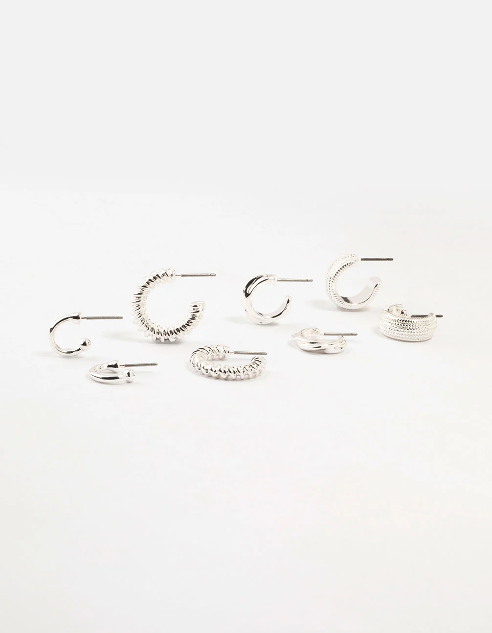 Silver Plated Textured Chunky Hoop Earrings 4-Pack