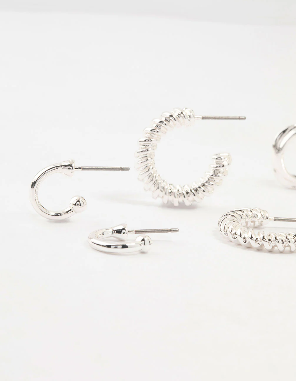 Silver Plated Textured Chunky Hoop Earrings 4-Pack - Image 2