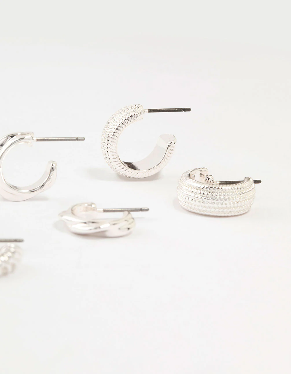 Silver Plated Textured Chunky Hoop Earrings 4-Pack - Image 3