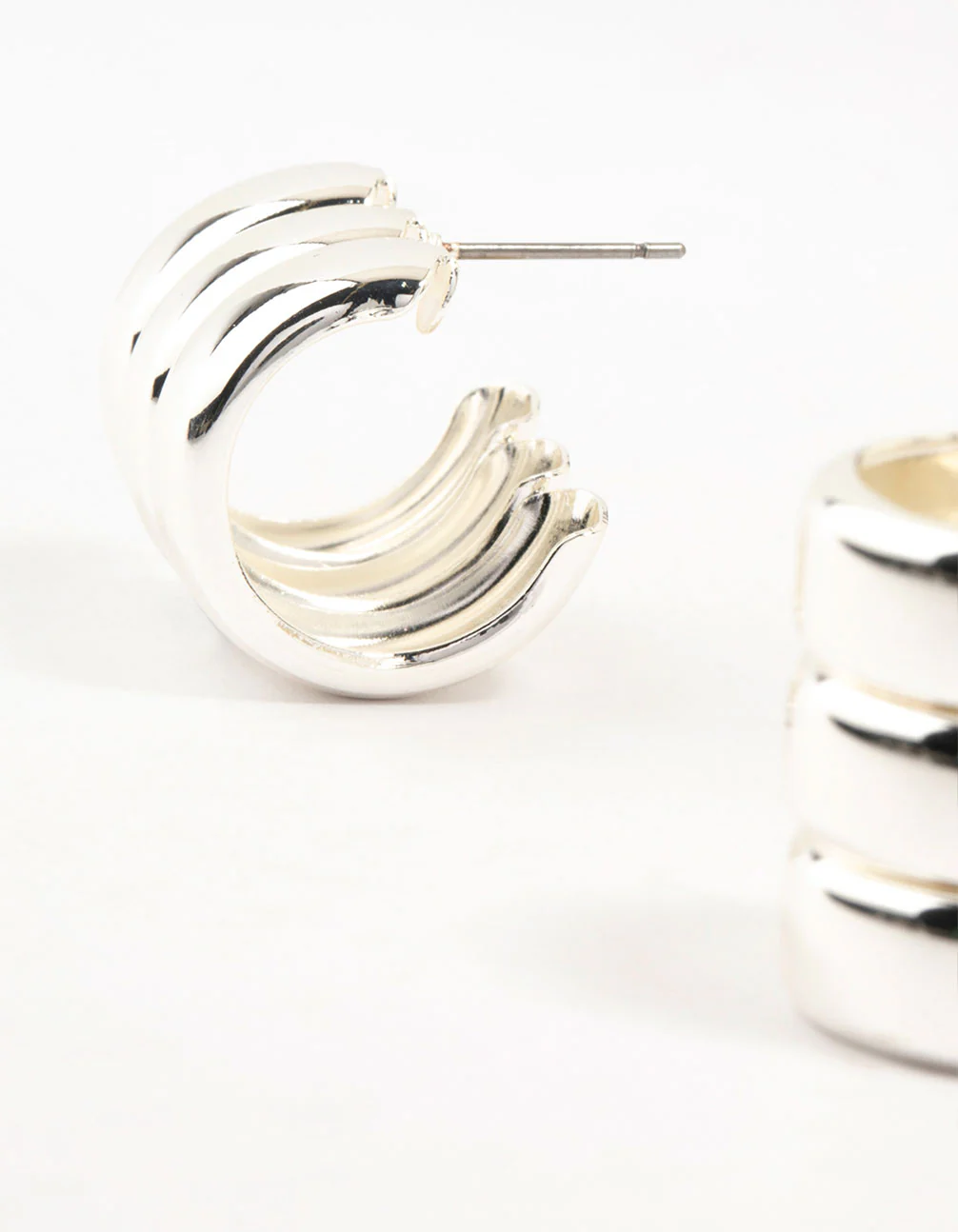 Silver Plated Wide Ribbed Barrel Stud Earrings - Image 2