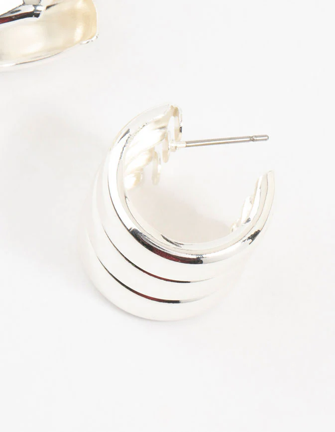 Silver Plated Wide Ribbed Barrel Stud Earrings - Image 3