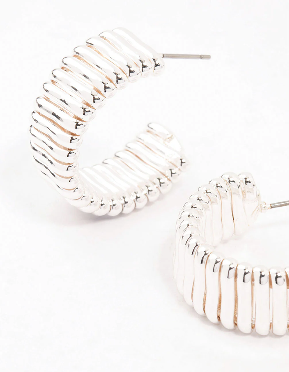 Silver Plated Wide Ribbed Hoop Earrings - Image 2