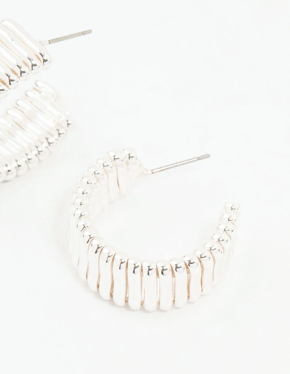 Silver Plated Wide Ribbed Hoop Earrings - Image 3