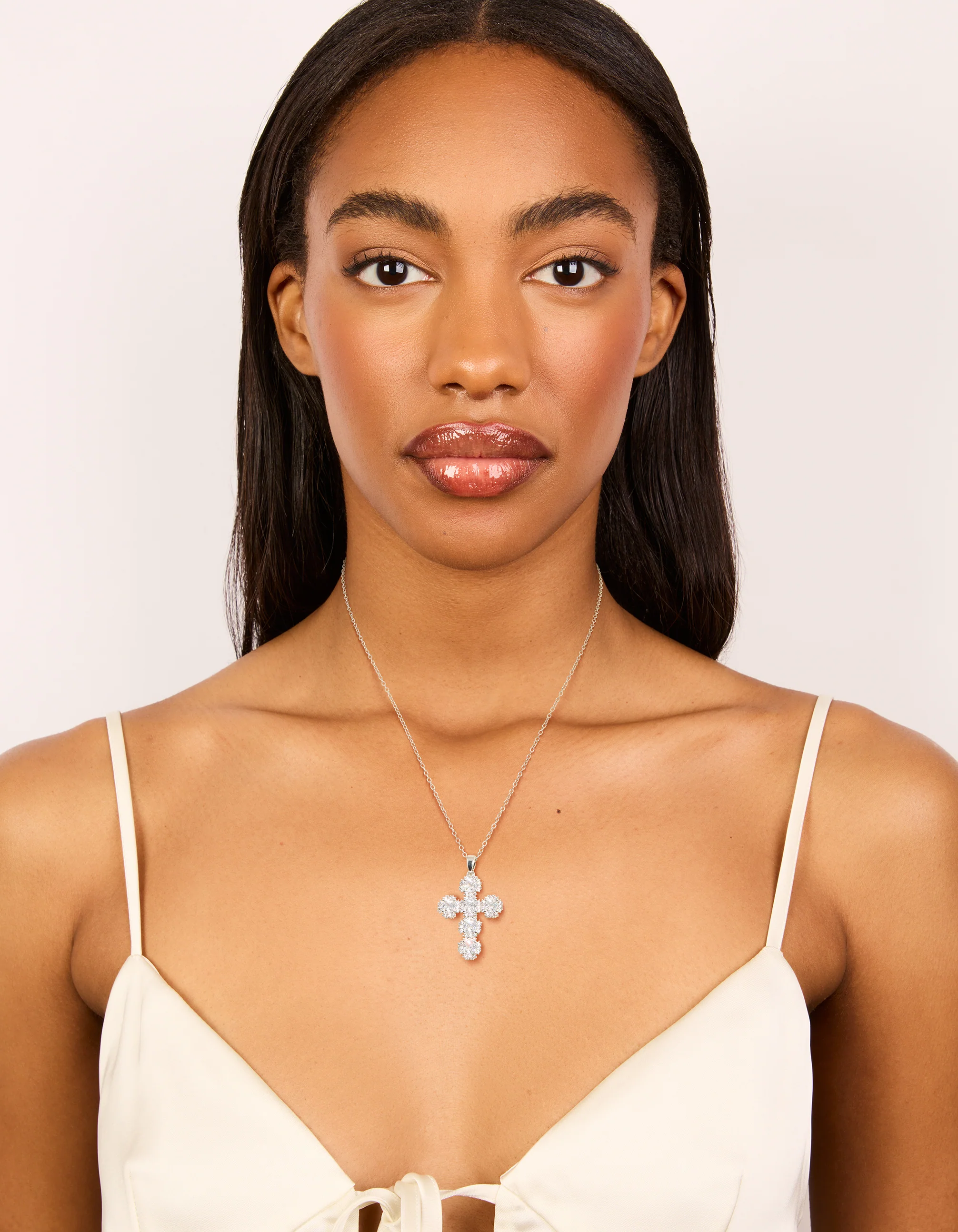 Silver Round Cubic Zirconia Cross Pendant Necklace - Image 3