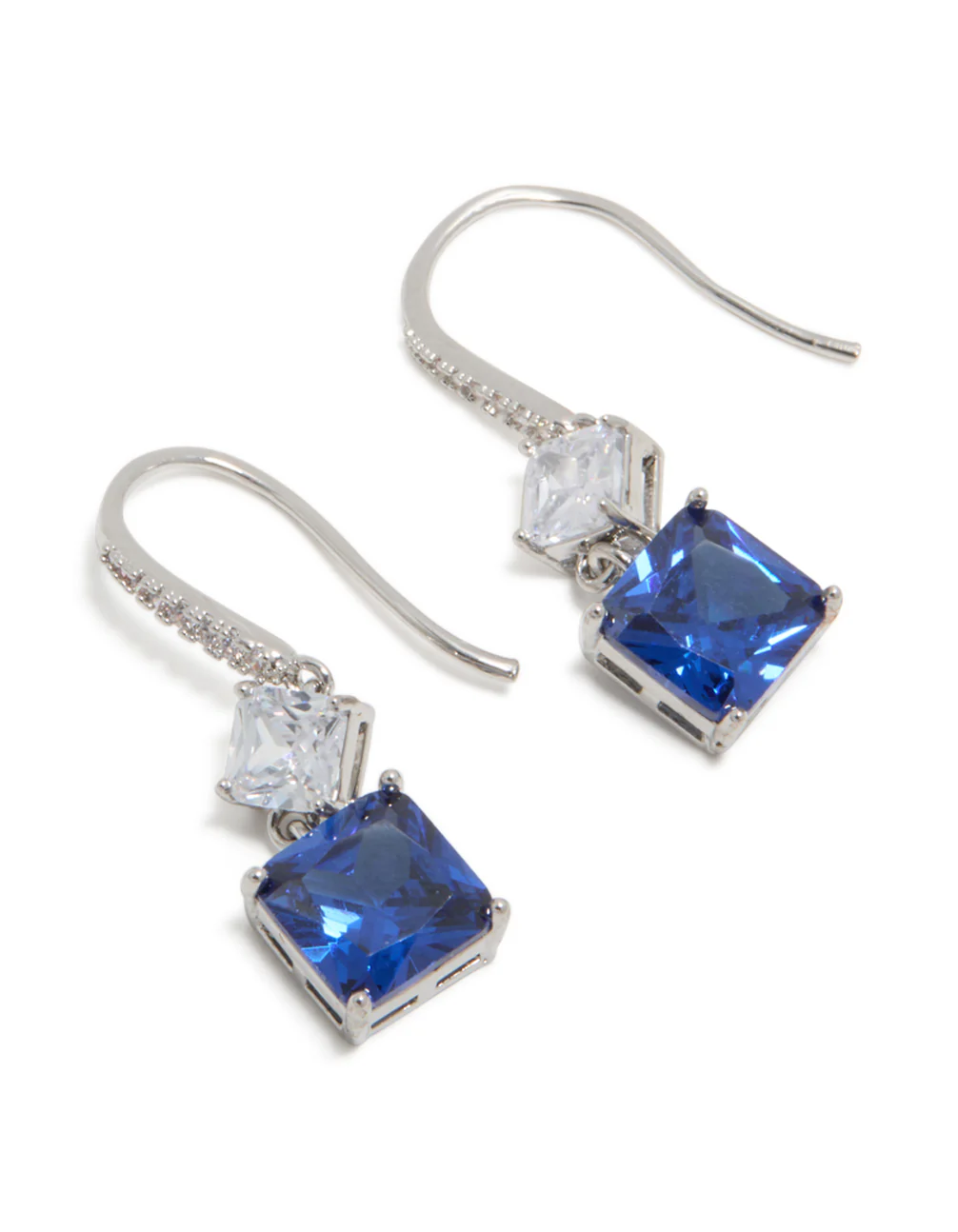 Silver Sapphire Cubic Zirconia Dainty Square Drop Earrings - Image 2