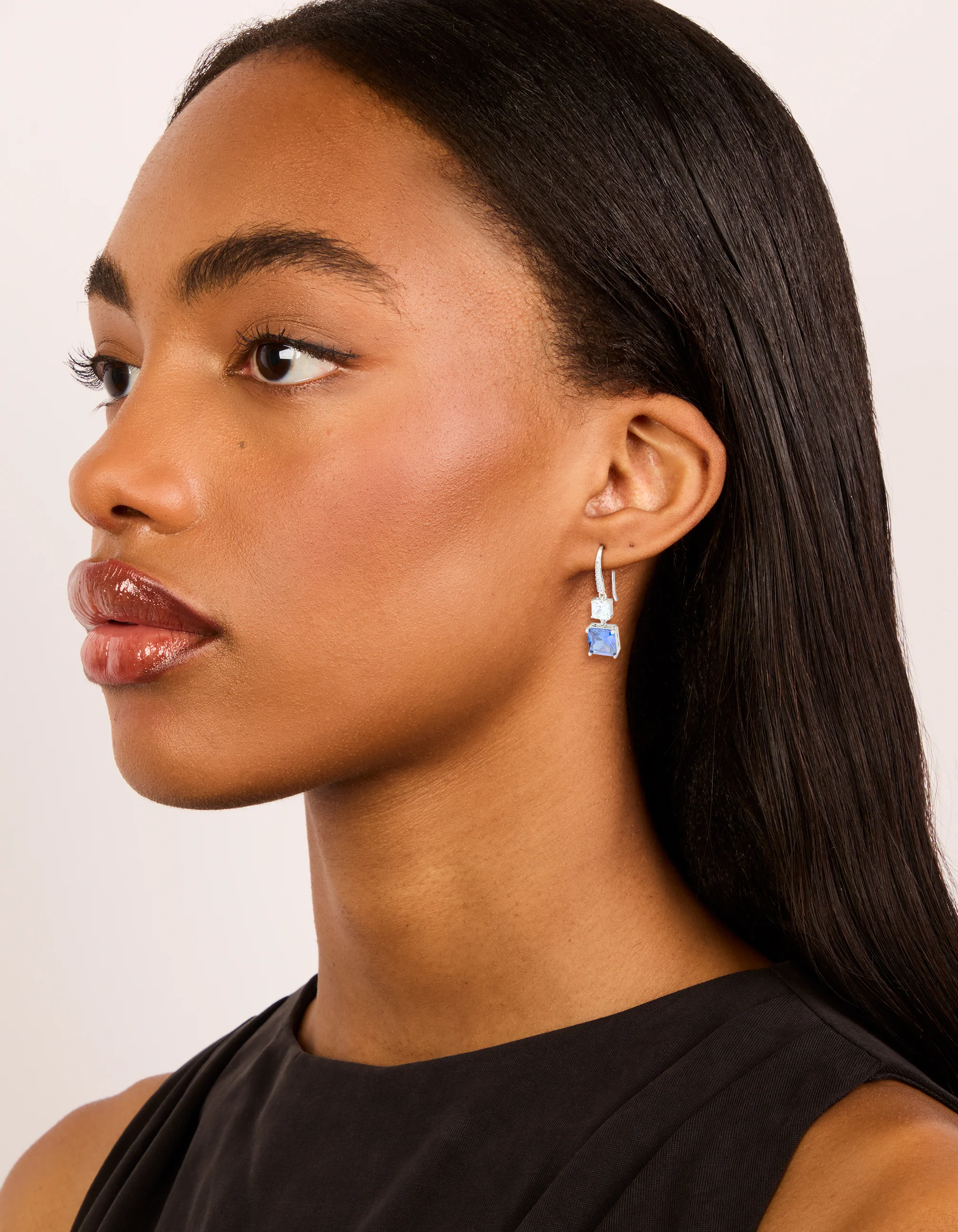 Silver Sapphire Cubic Zirconia Dainty Square Drop Earrings - Image 3