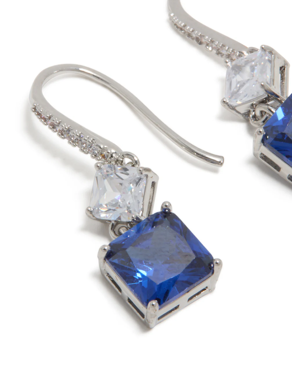 Silver Sapphire Cubic Zirconia Dainty Square Drop Earrings - Image 4