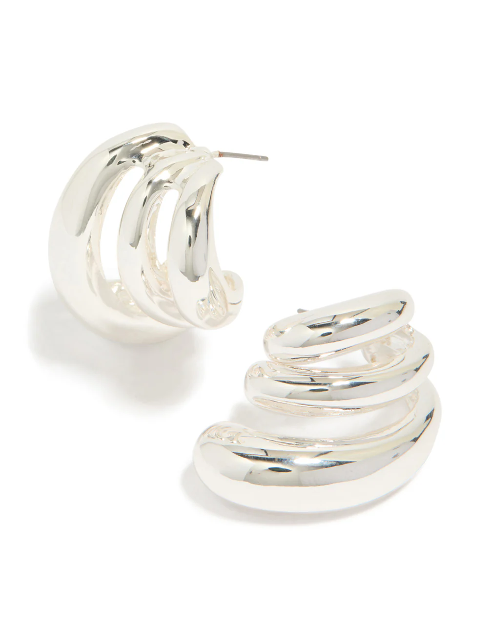 Silver Smooth Layered Half Hoop Earrings - Image 2