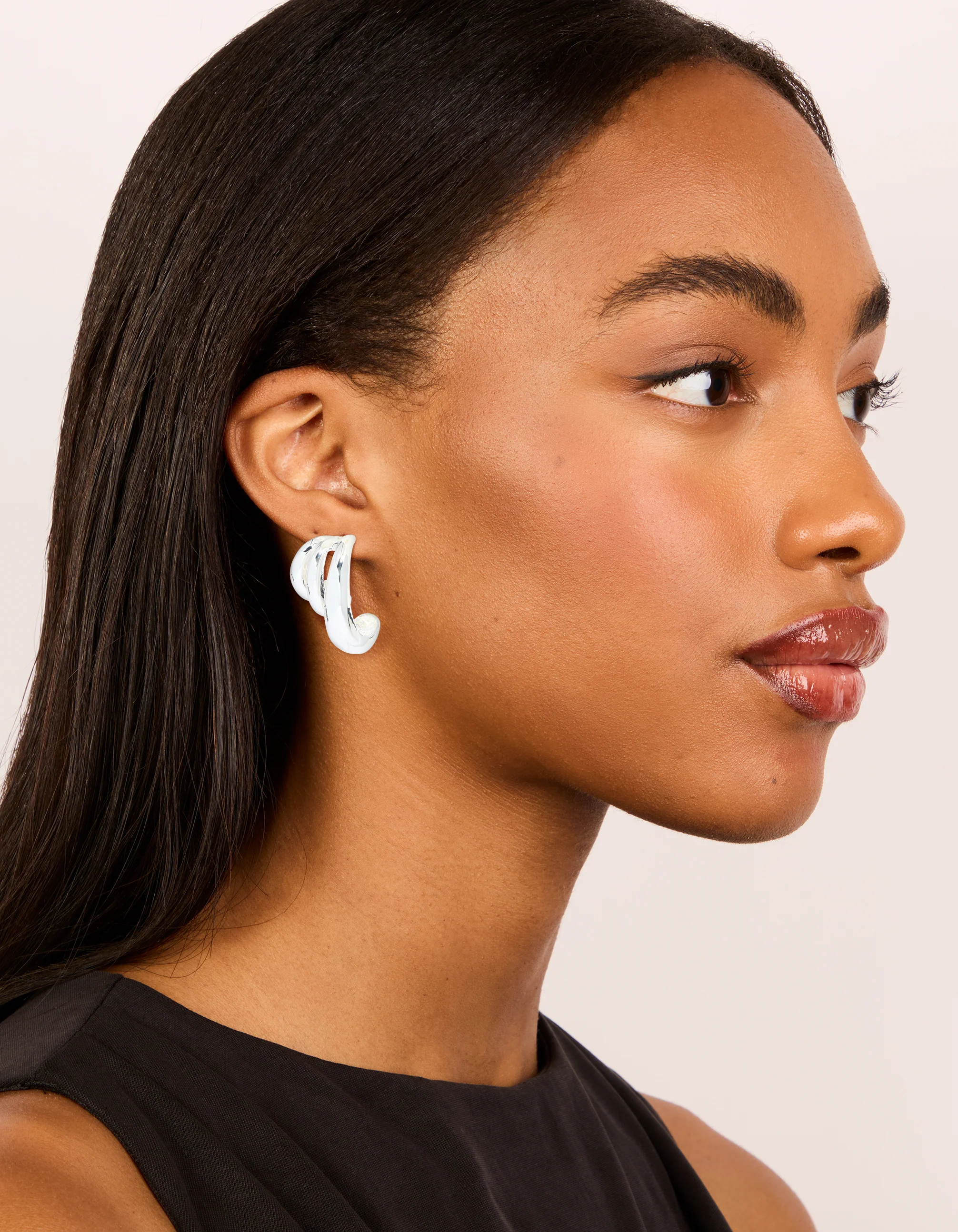 Silver Smooth Layered Half Hoop Earrings - Image 3