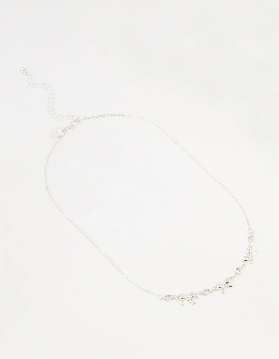 Silver Diamante Bow Station Necklace - Image 4