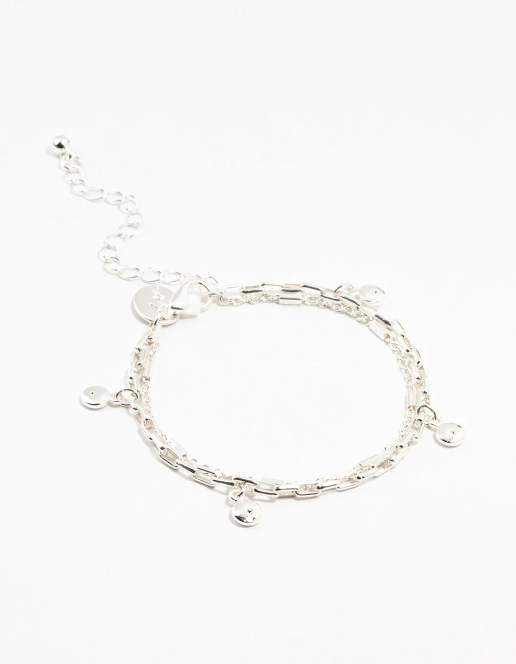 Silver Plated Brass Station Disk Double Charm Layered Bracelet