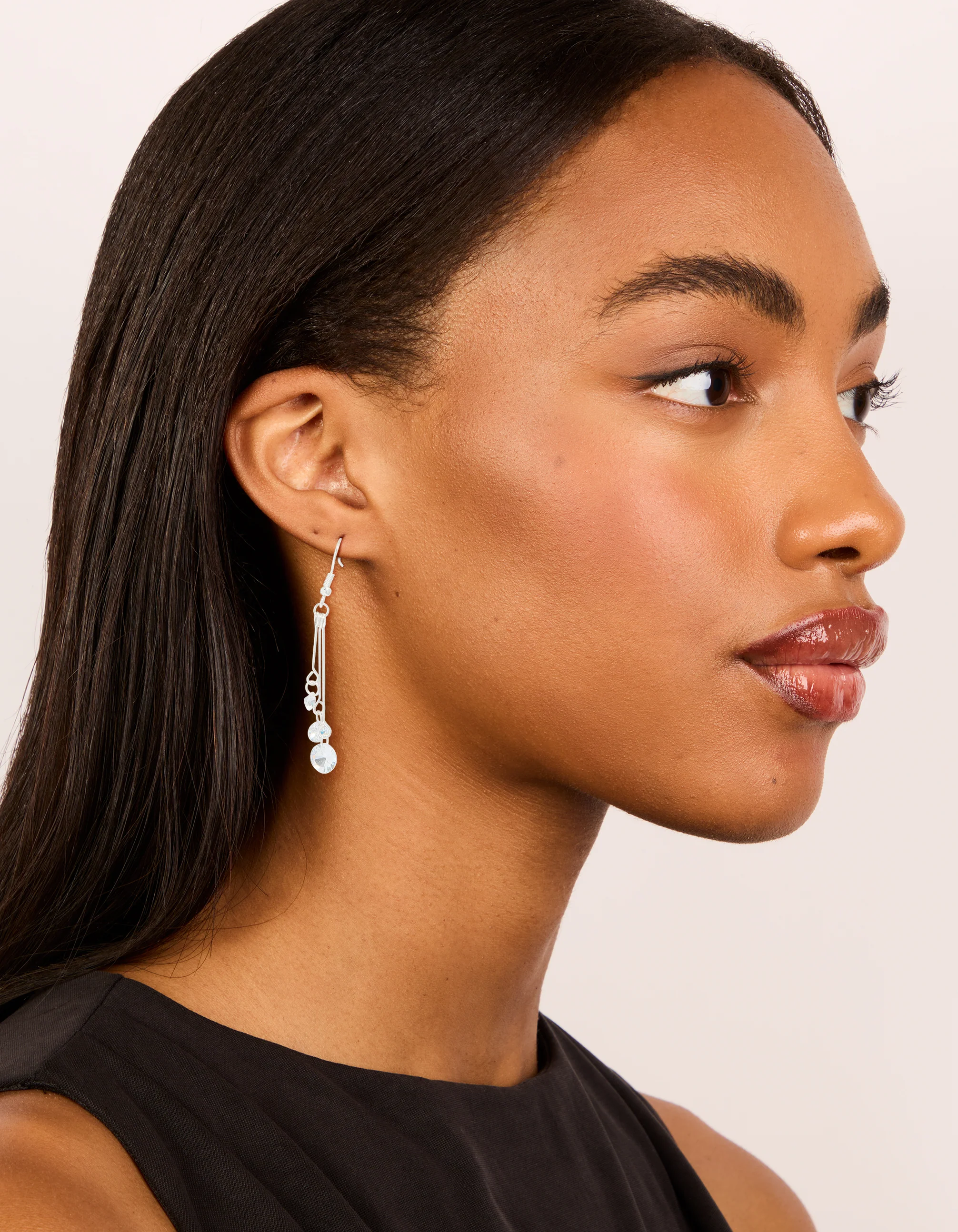 Silver Triple Chain Diamante Drop Earrings - Image 3