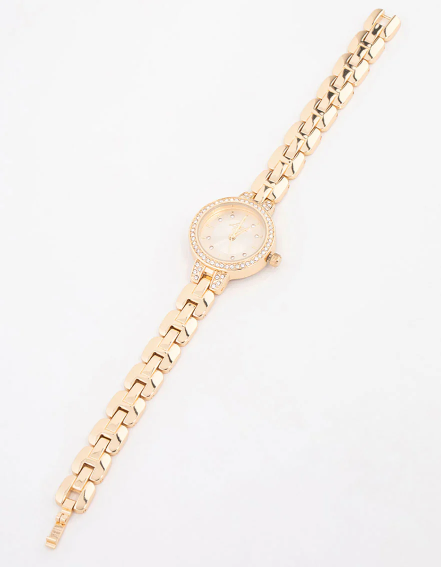 Small Gold Diamante Round Strap Watch - Image 2