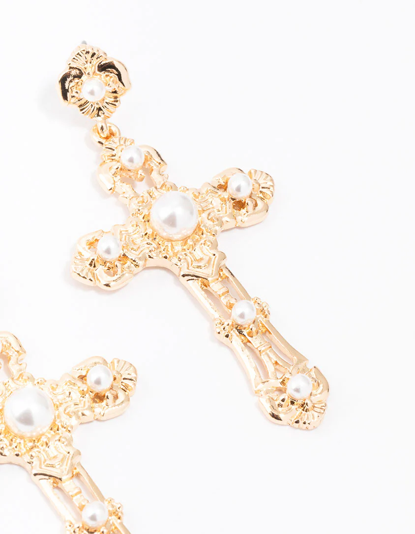 Small Gold Pearl Cross Drop Earrings - Image 3