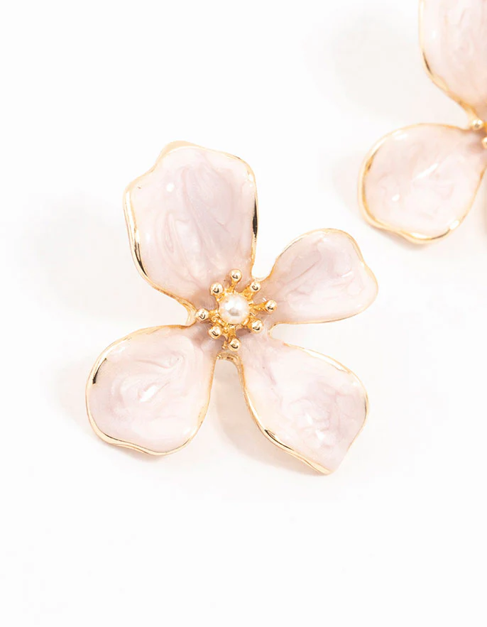 Small Pink Coated Flower Stud Earrings - Image 2
