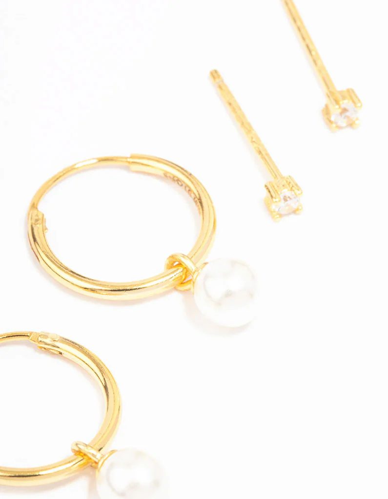 Gold Plated Sterling Silver Cubic Zirconia & Pearl Huggie Earring Pack - Image 3