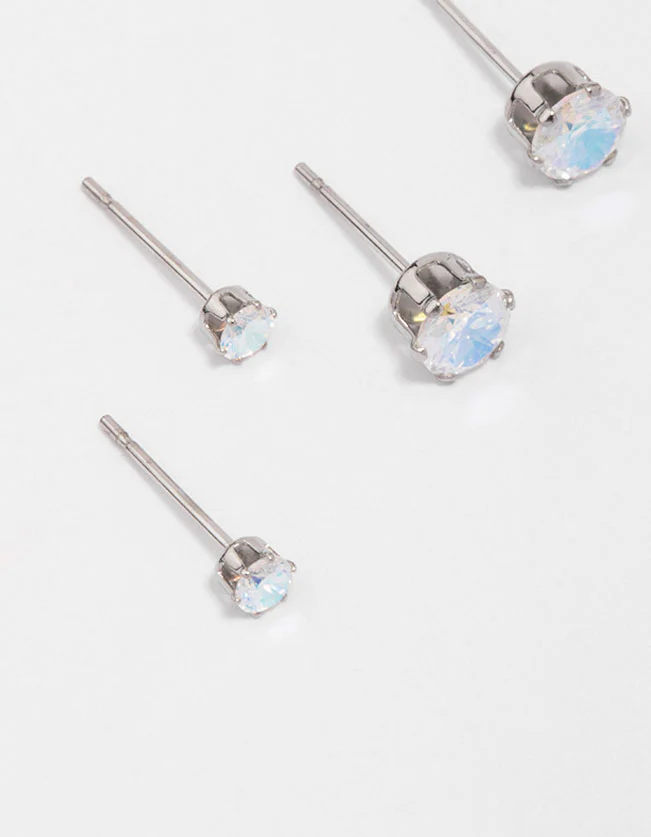 Waterproof Stainless Steel Cubic Zirconia Stud Earring 3-Pack - Image 2
