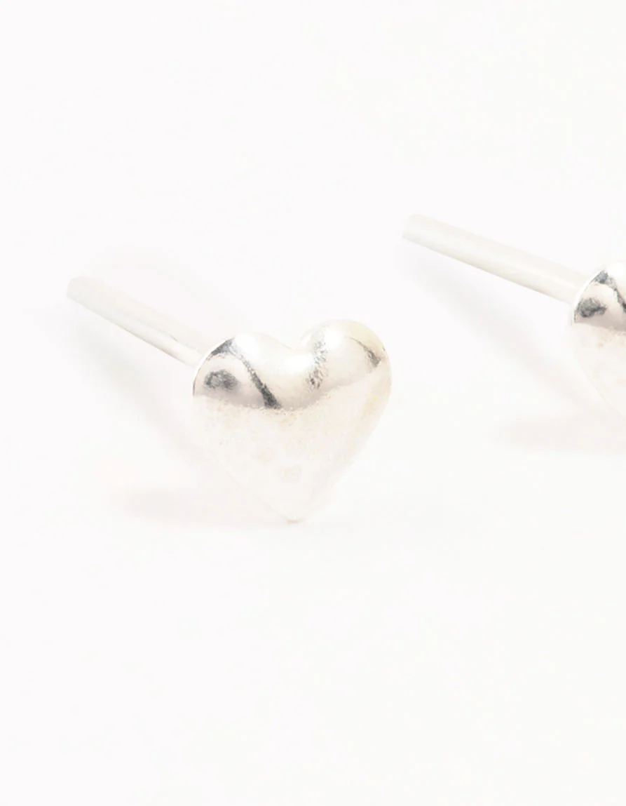Sterling Silver Mini Puff Heart Stud Earrings - Image 2