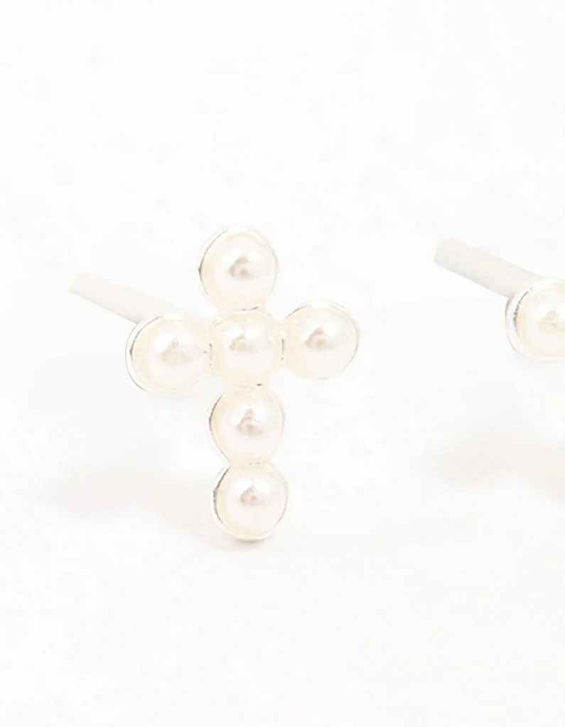 Sterling Silver Pearl Cross Stud Earrings - Image 2