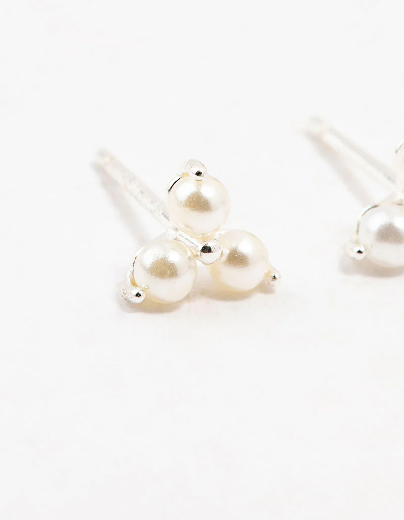 Sterling Silver Pearl Trio Stud Earrings - Image 2