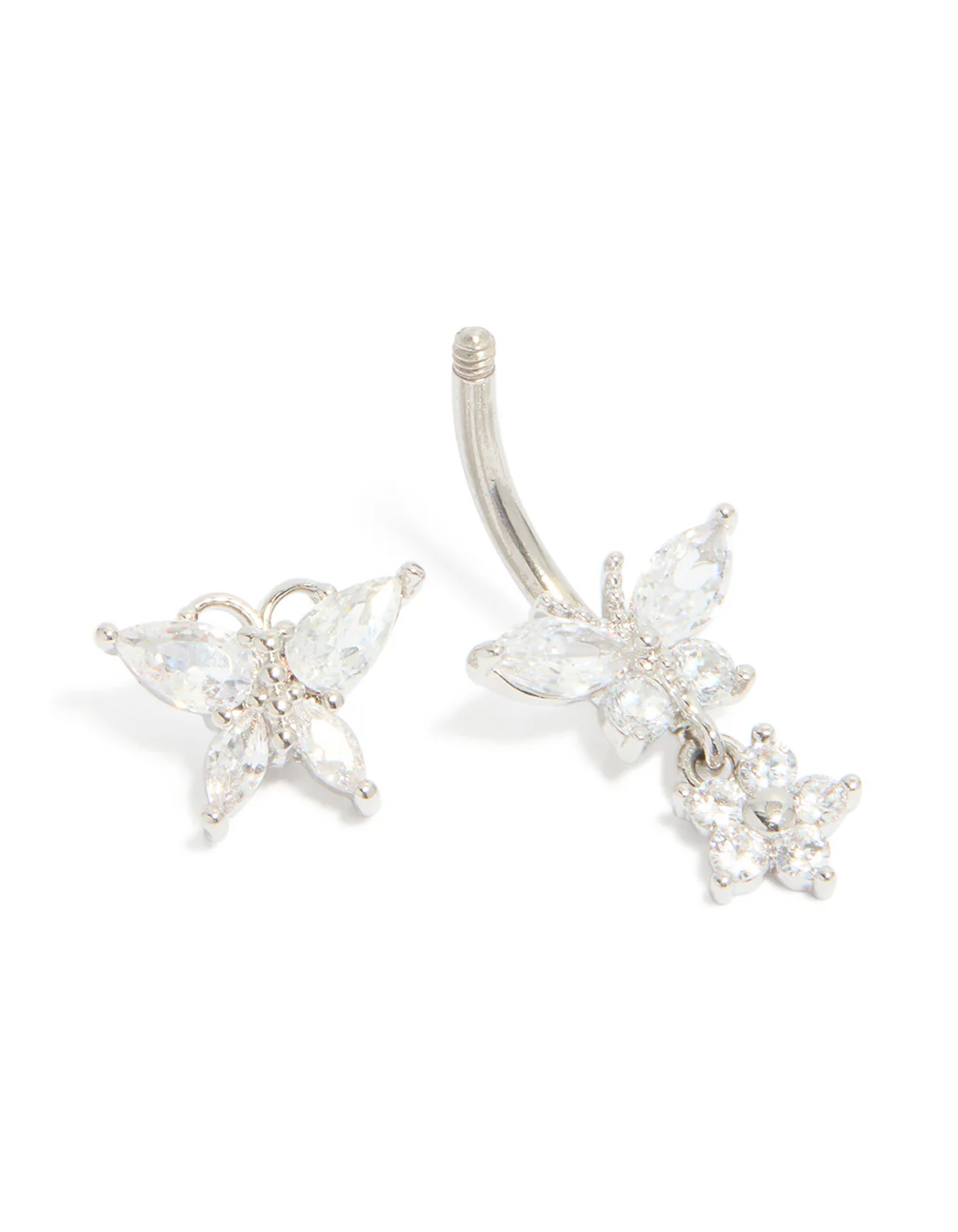 Surgical Steel Cubic Zirconia Butterflies & Flower Drop Belly Bar - Image 3