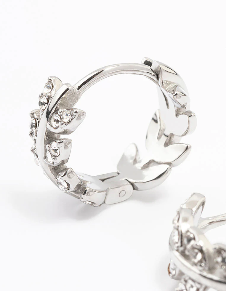 Surgical Steel Diamante Leaf Huggie Earrings - Image 2