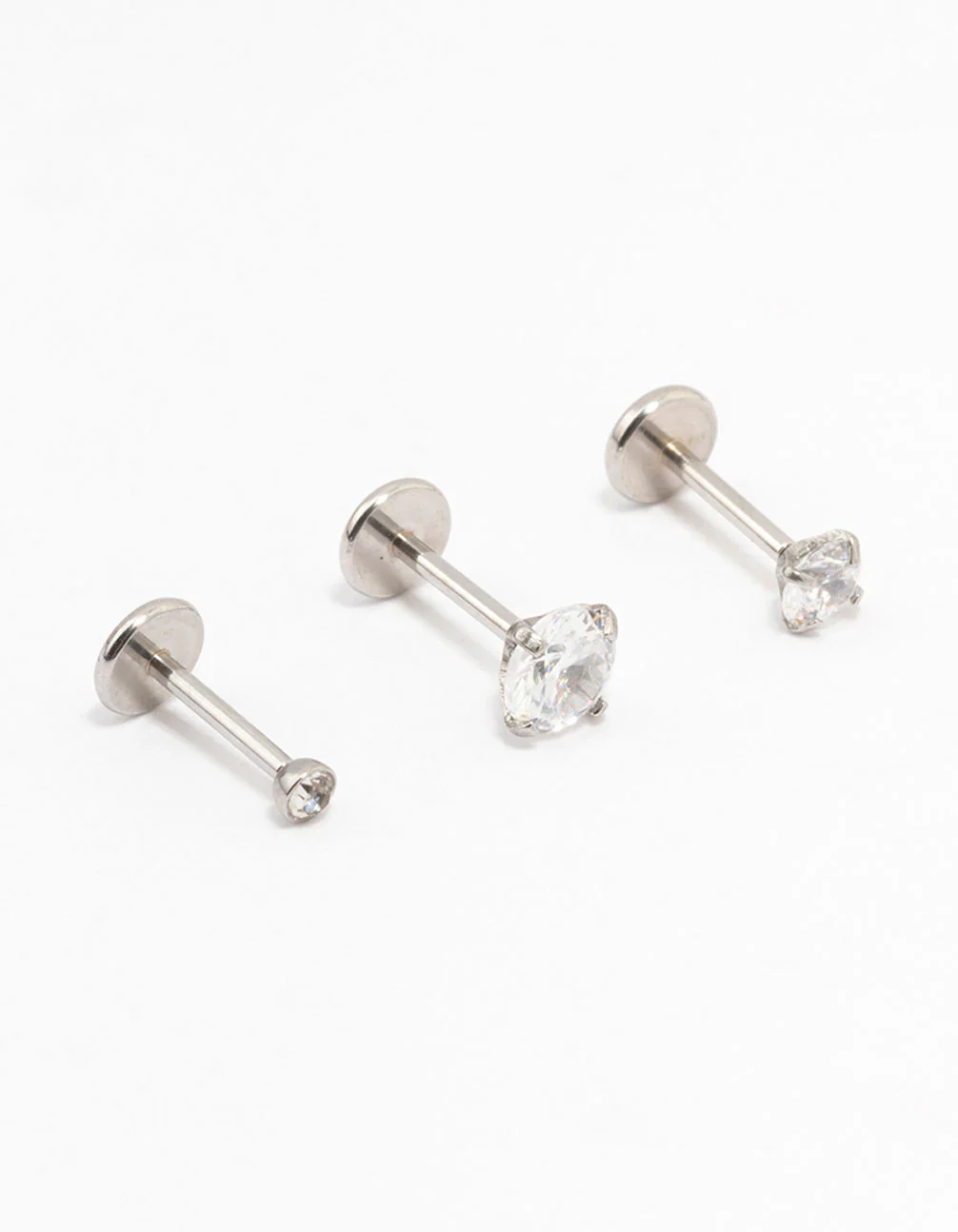 Surgical Steel Graduating Cubic Zirconia Threadless Flat Back Studs 3-Pack