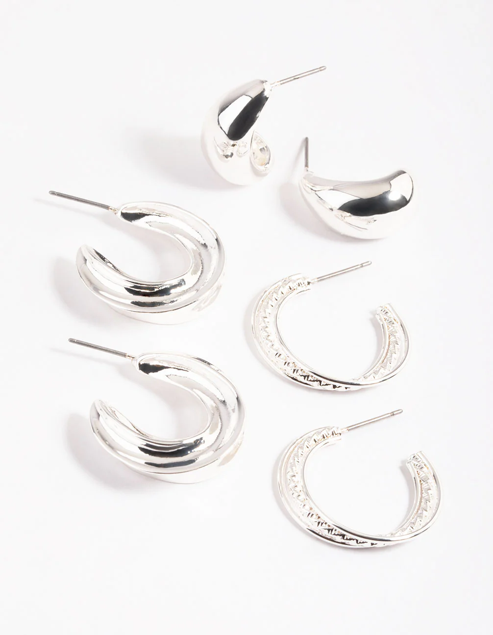 Silver Mixed Textured Thick Earrings Pack - Image 2