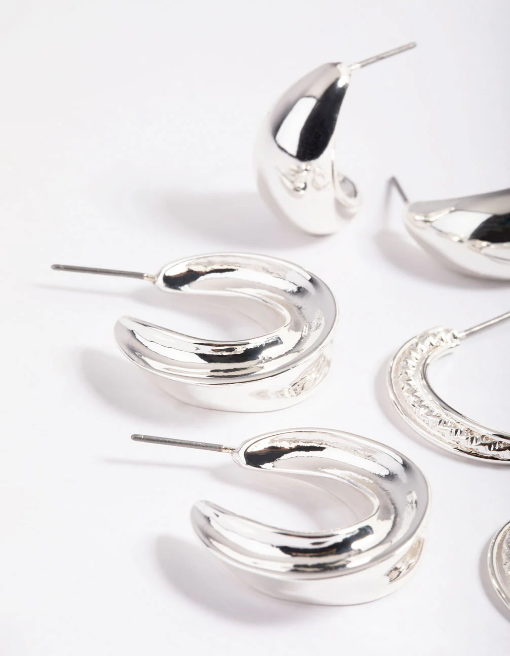 Silver Mixed Textured Thick Earrings Pack - Image 3