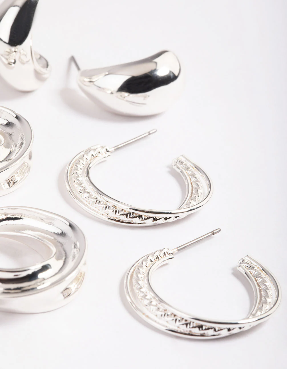 Silver Mixed Textured Thick Earrings Pack - Image 4
