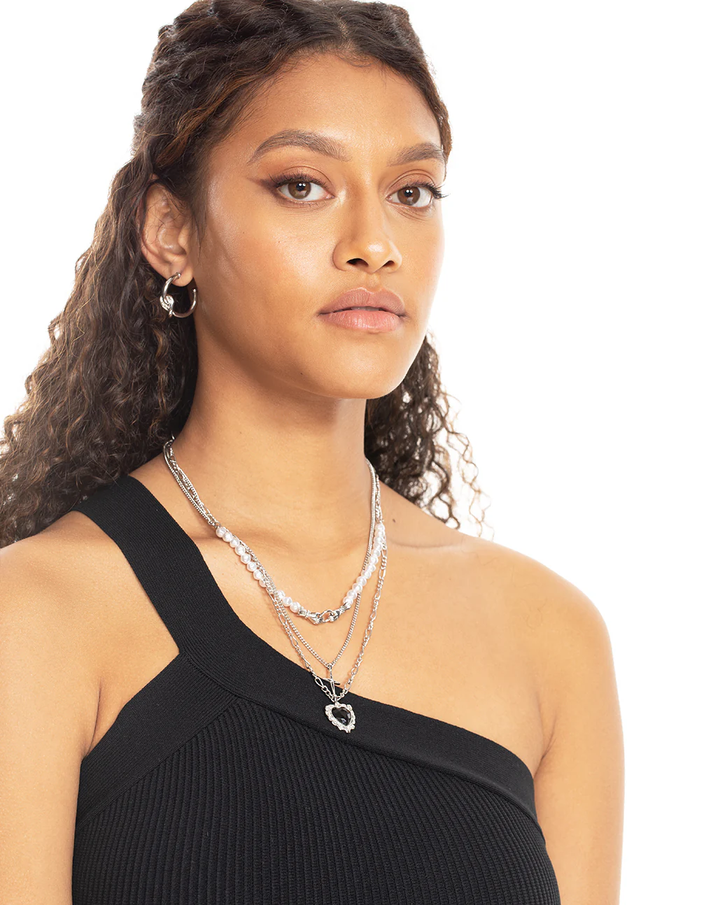 Silver Pearl Heart Star Layered Necklace - Image 4