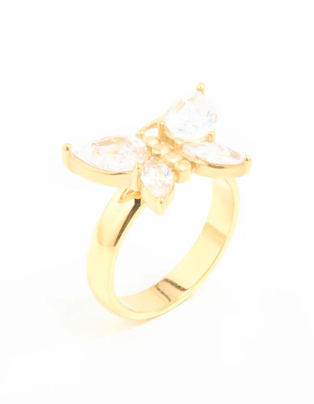 Waterproof Gold Plated Stainless Steel Cubic Zirconia Butterfly Statement Ring - Image 2