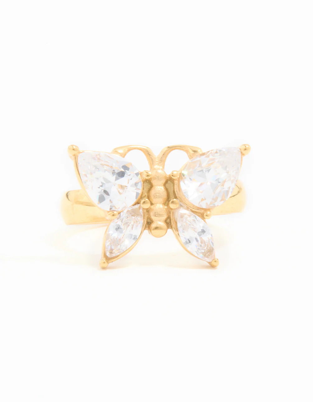 Waterproof Gold Plated Stainless Steel Cubic Zirconia Butterfly Statement Ring - Image 3