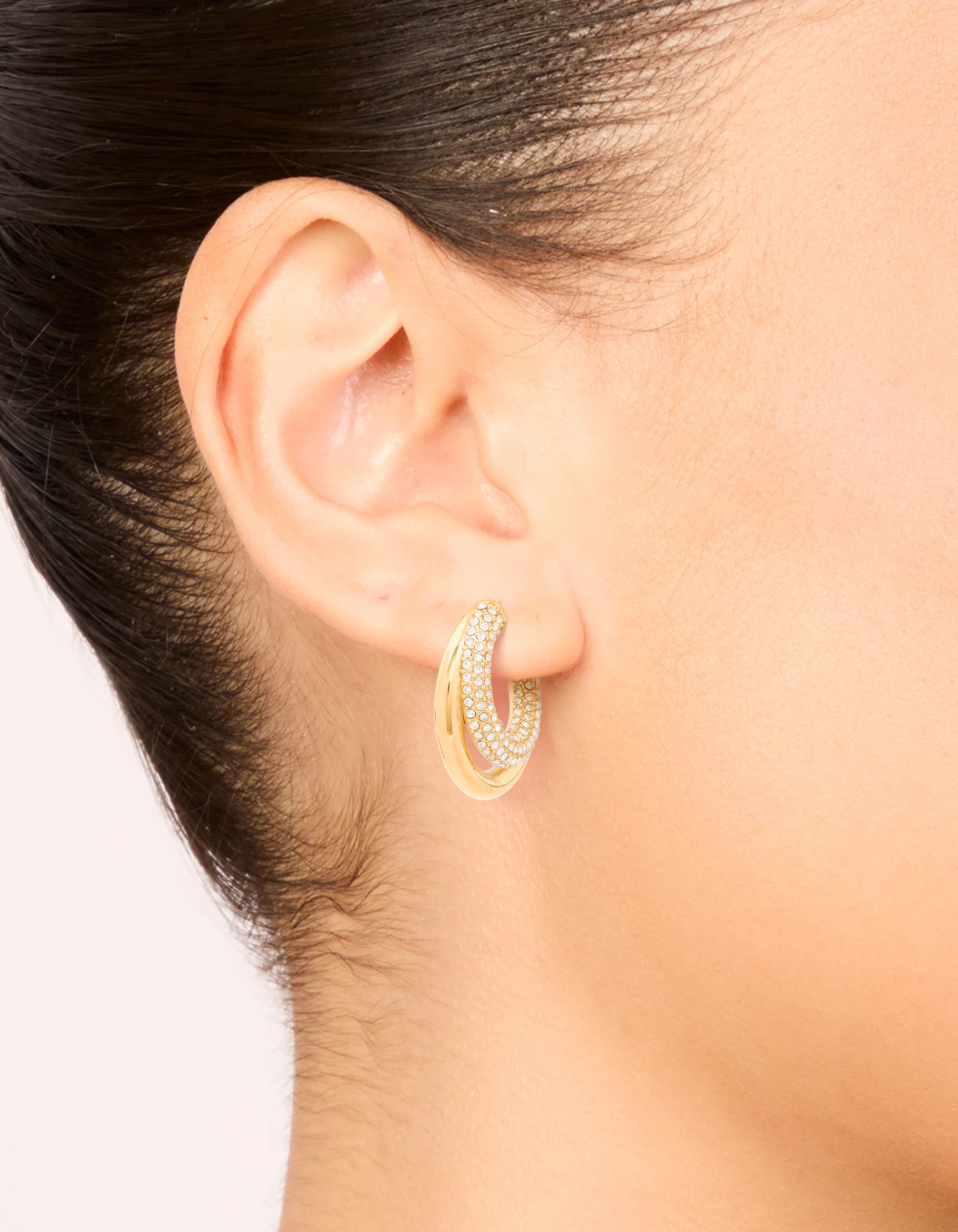 Waterproof Gold Plated Stainless Steel Cubic Zirconia Pave Double Large Illusion Hoop Earrings - Image 2