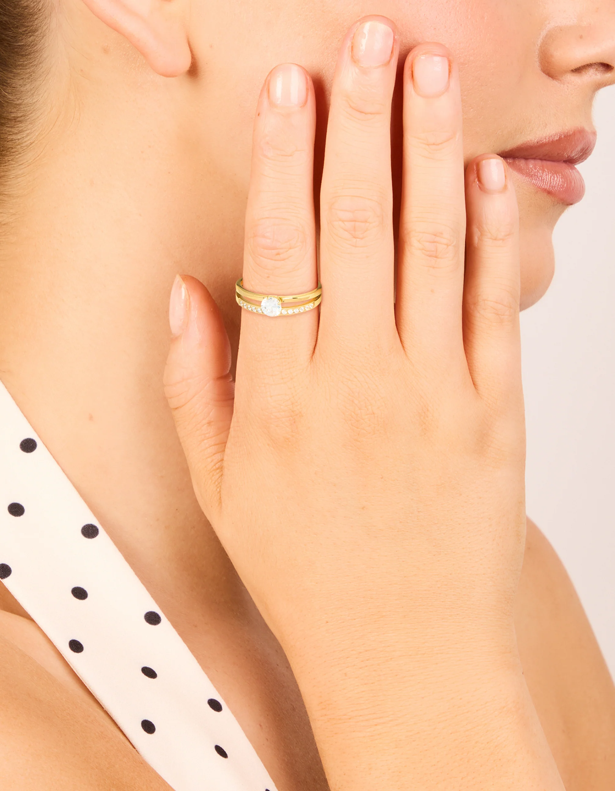 Waterproof Gold Plated Stainless Steel Dainty Cubic Zirconia Double Layered Ring