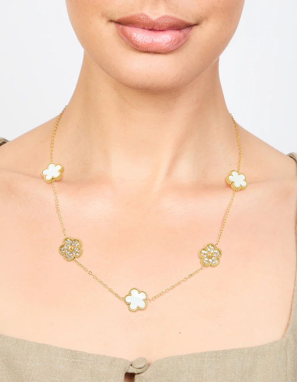 Waterproof Gold Plated Stainless Steel Diamante Flower Petal Charm Necklace - Image 2