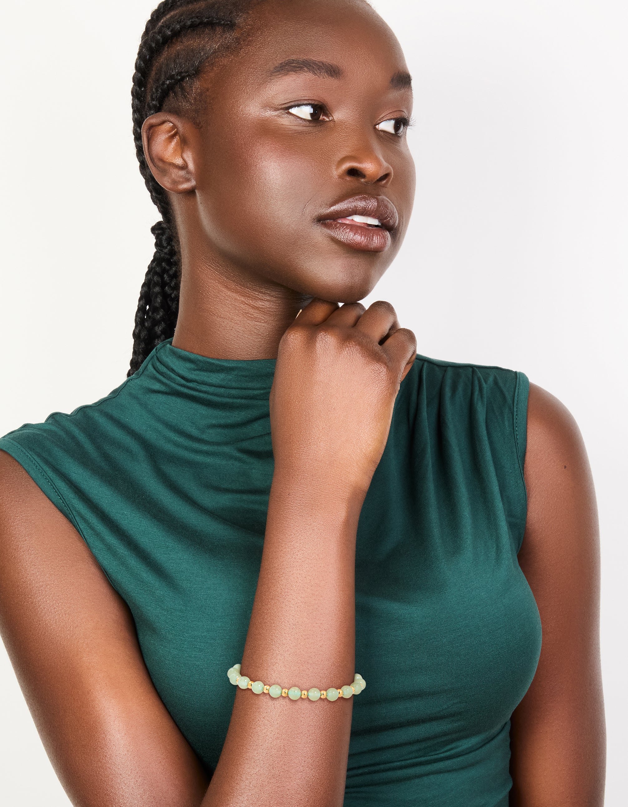 Waterproof Gold Plated Stainless Steel Green Beaded Stretch Bracelet - Image 3