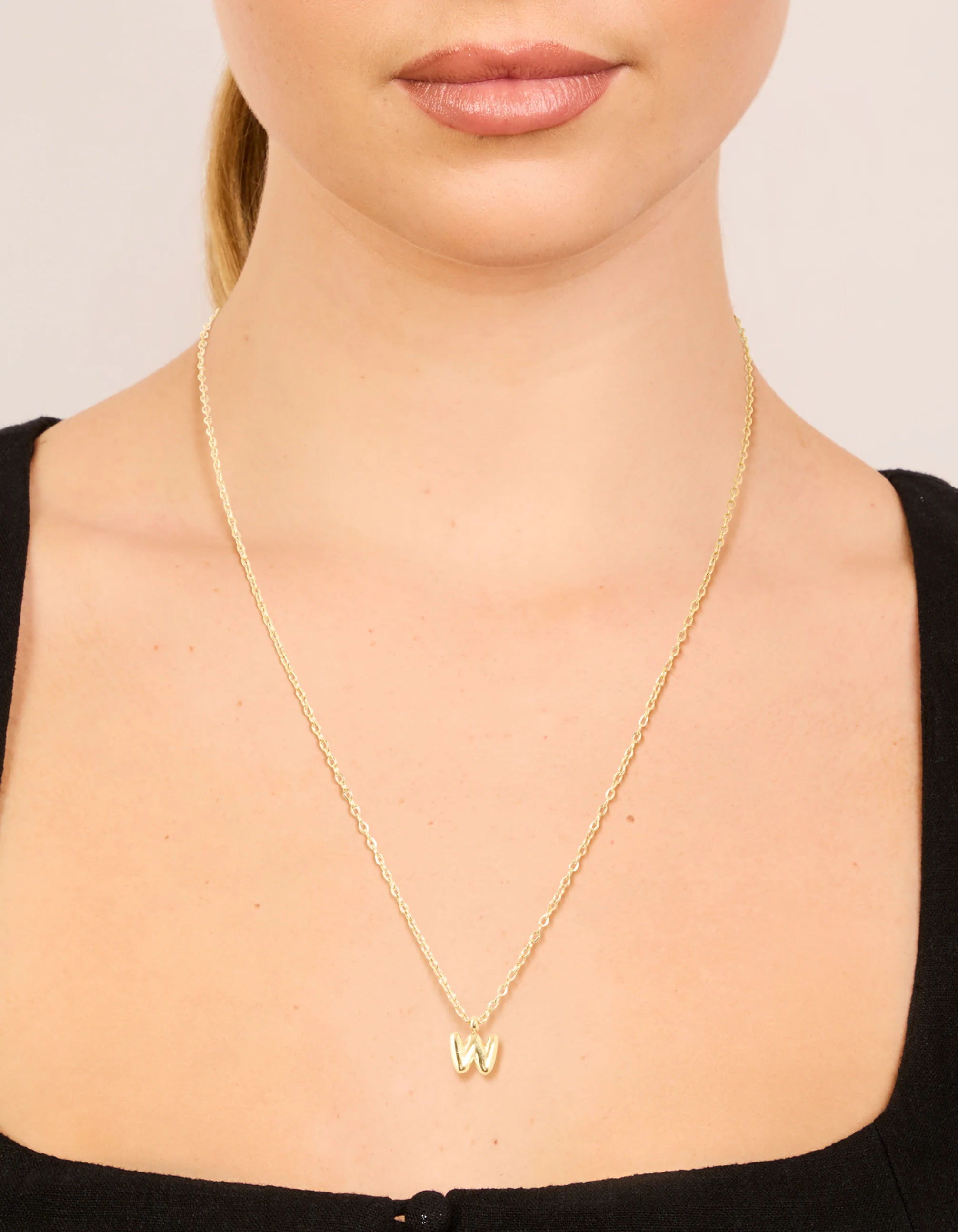 Waterproof Gold Plated Stainless Steel Mini Bubble Letter W Necklace - Image 2