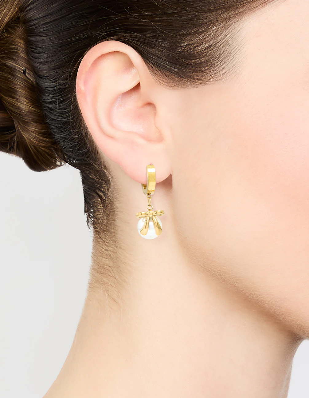 Waterproof Gold Plated Stainless Steel Pearl Huggie Earrings - Image 2
