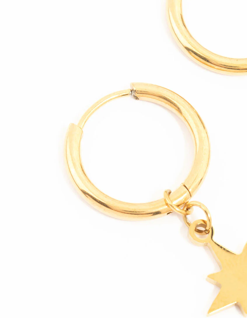 Waterproof Gold Plated Stainless Steel Star Hoop Earrings - Image 4