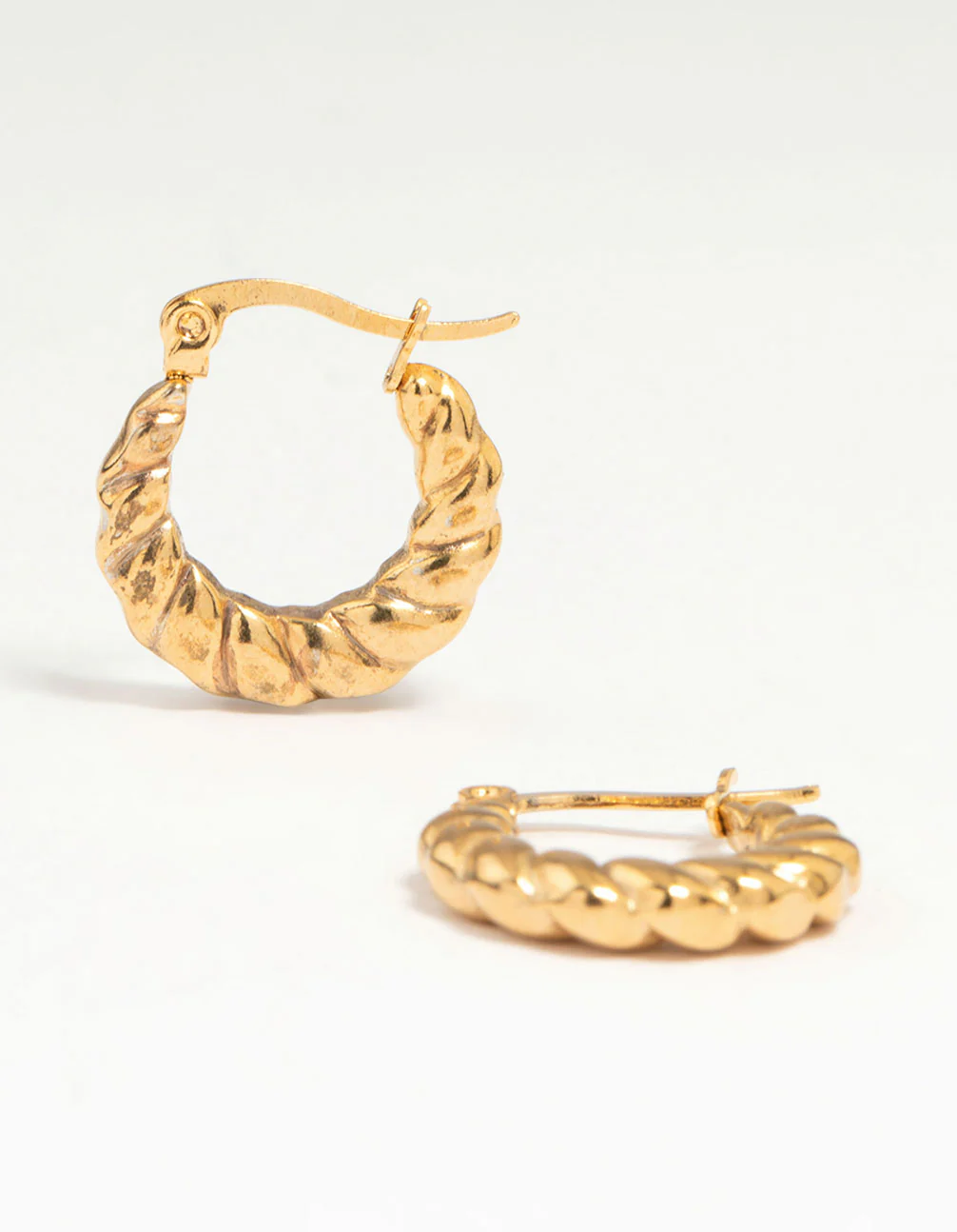 Waterproof Gold Plated Stainless Steel Textured Crescent Hoop Earrings - Image 2