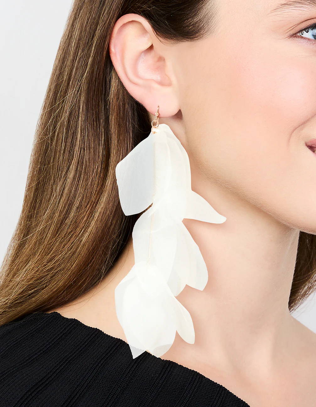White Chiffon Fabric Petals Drop Earrings - Image 2