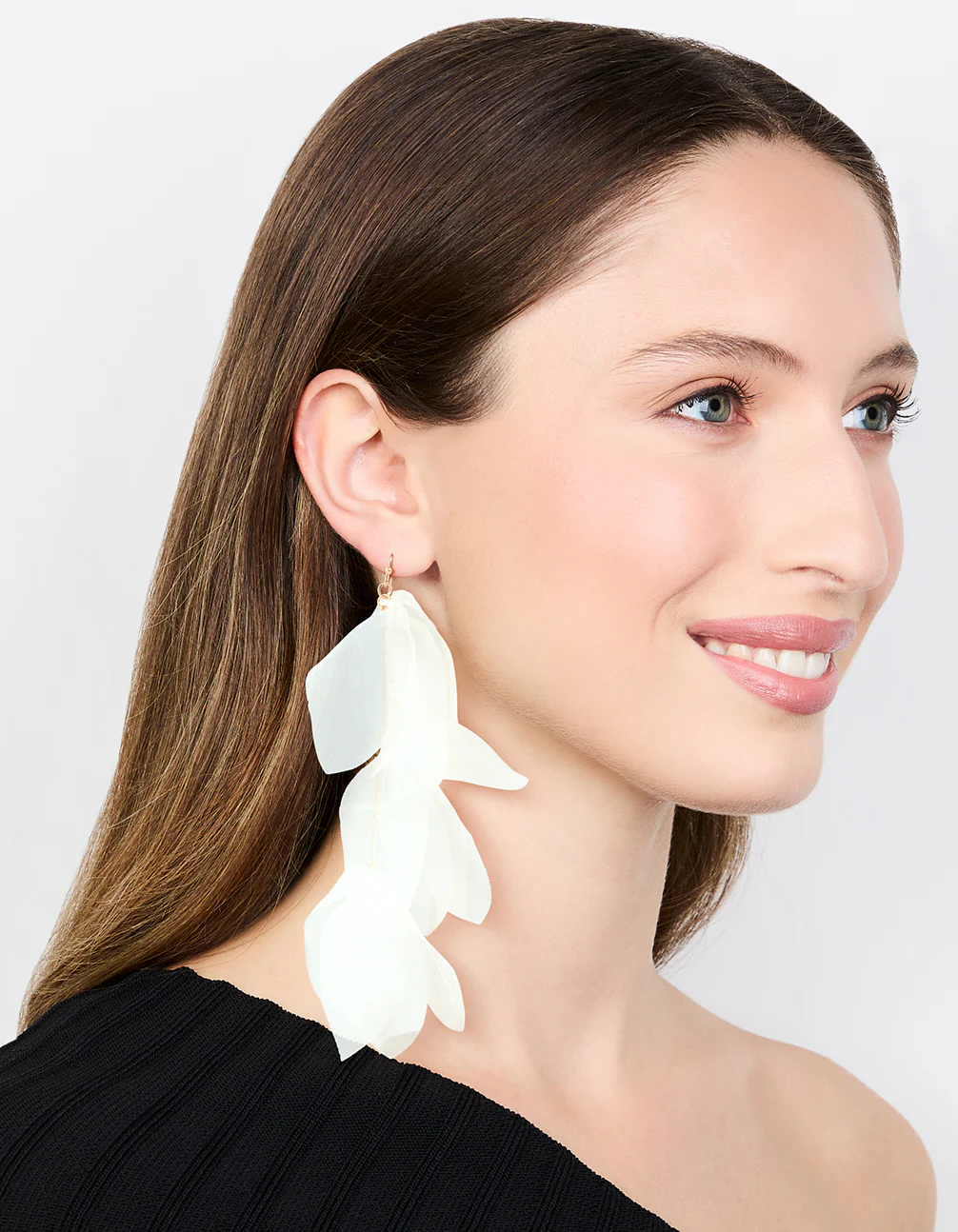 White Chiffon Fabric Petals Drop Earrings - Image 3