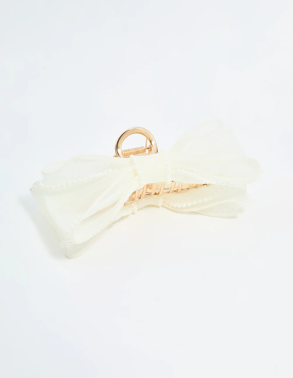 White Organza Fabric & Pearl Bow Claw Clip